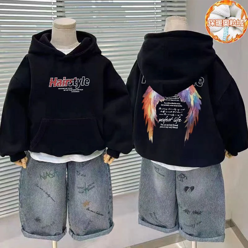 中大童美式潮牌连帽卫衣儿童秋冬季加绒加厚翅膀卡通印花上衣外套