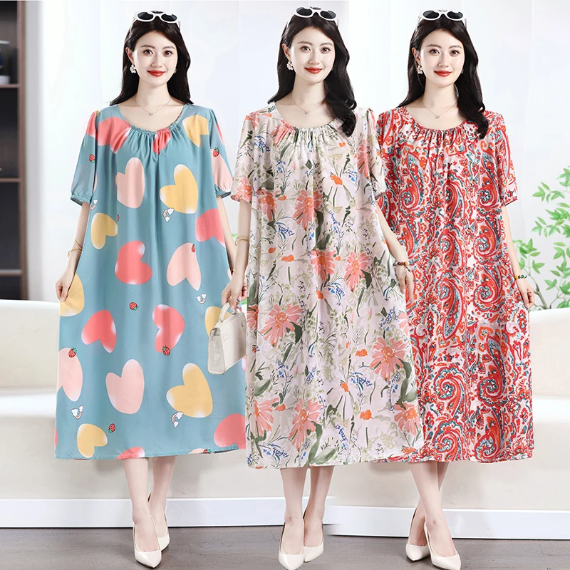 25新款女士夏天宽松大版绵绸中长款连衣裙口袋轻薄透气薄款