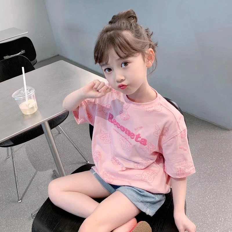 女童韩版短袖T恤2025夏装新款儿童洋气半袖体恤女孩夏季时髦上衣