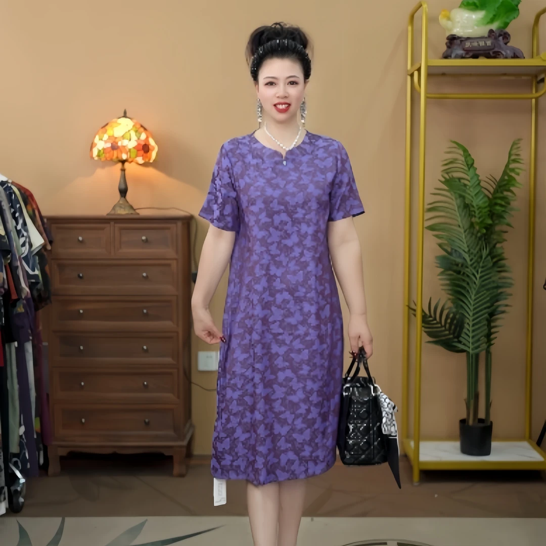 52270 中国风圆领宽松腰纯色夏季连衣裙U型领