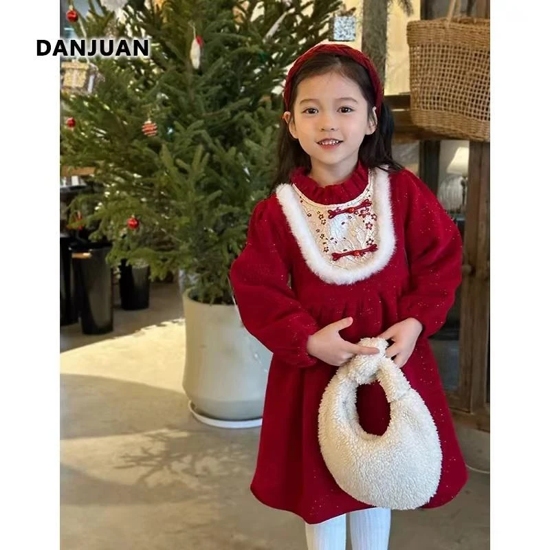 079盘扣红色丝绒公主裙拜年服连衣裙