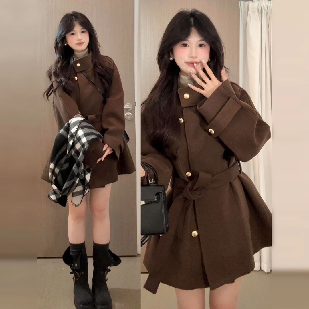 韩系高级感立领毛呢外套女系带收腰显瘦气质秋冬季新款中长款大衣