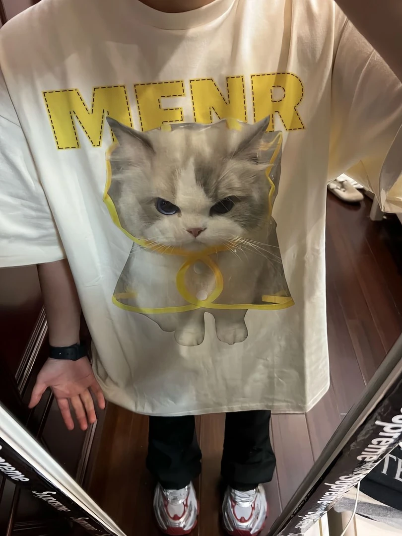 夏季新款重磅纯棉小猫印花短袖男女潮牌宽松百搭半袖情侣T恤上衣