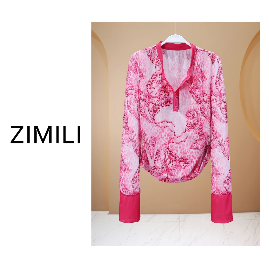 【亮哥女装】2025欧版新品设计师红蝴蝶印花高弹网纱上衣6003-K8