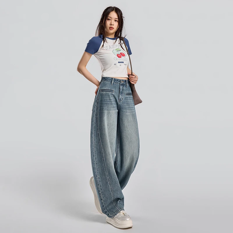 【常蓝北】夏季原创阔腿牛仔裤女垂感青柠蓝高街风拼接百搭弯刀裤