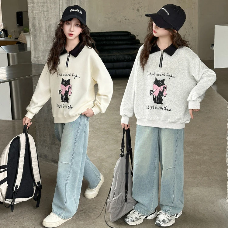 女童卫衣秋款2025新款中大童初中生休闲polo领女孩牛仔裤套装潮