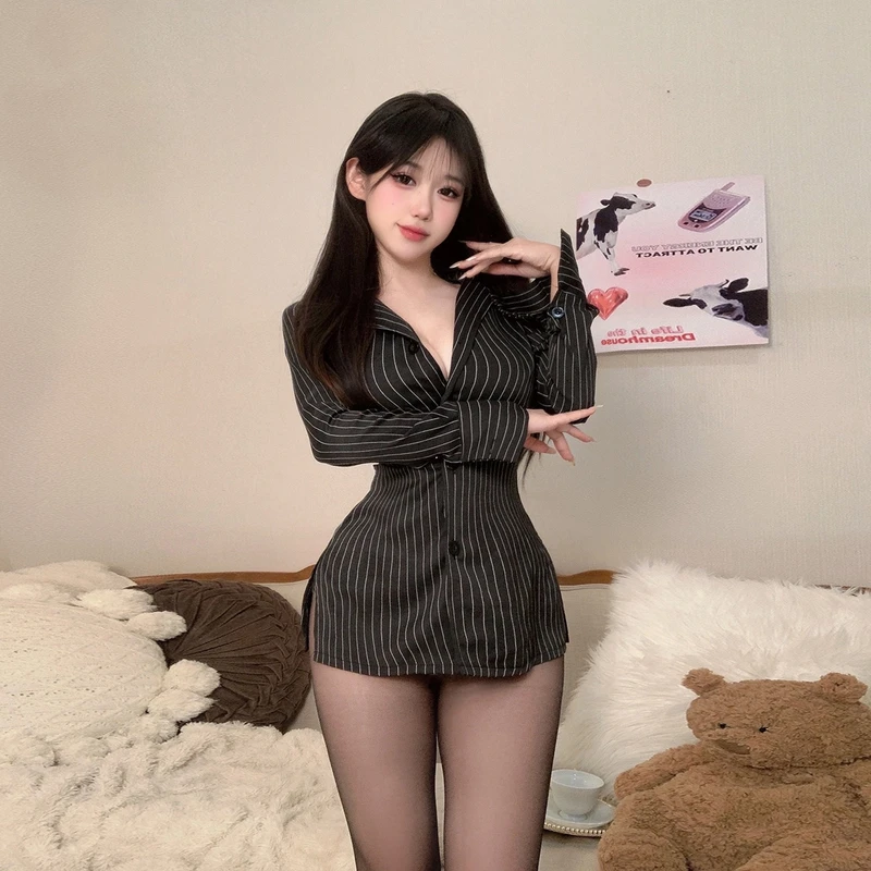 性感收腰复古秘书职业制服显瘦长袖辣妹紧显瘦遮肚子夏季连衣裙