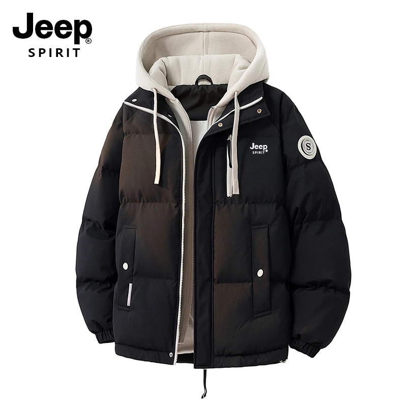 JEEP吉普冬季保暖面包服男女款假两件连帽棉衣外套情侣加厚棉袄潮