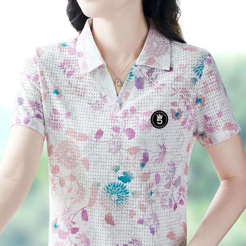 新款衬衫POLO领洋气妈妈女短袖显瘦t恤印花女中老年百搭夏季