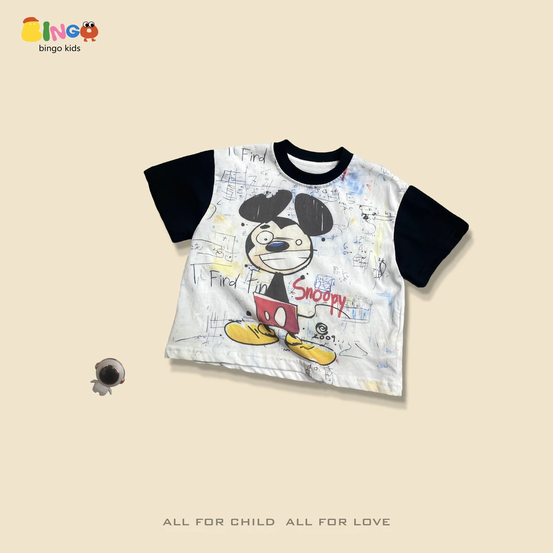 【货号010】儿童夏款涂鸦米奇黑白插肩袖