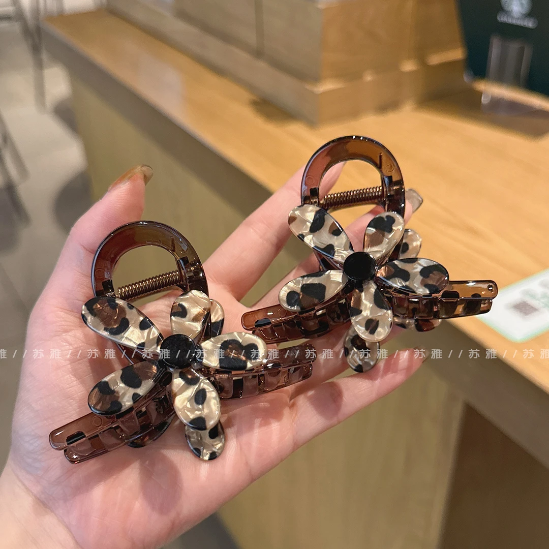 豹纹花朵抓夹女中号半扎发头发夹子后脑勺盘发鲨鱼夹发卡发抓头饰