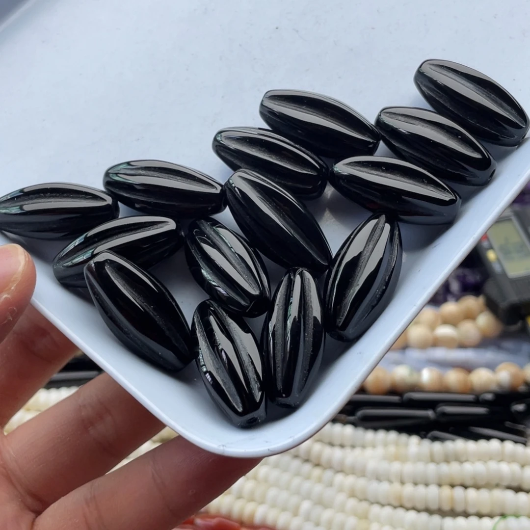 玛瑙/玉髓合金珠宝半成品三个装黑碧玺长南瓜珠12^28mm
