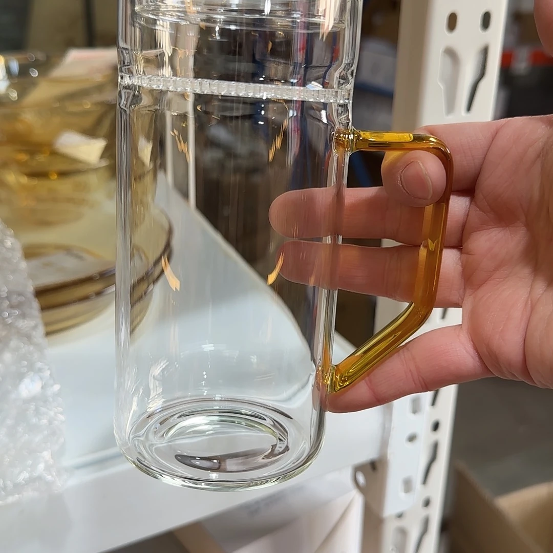 768带盖子高硼硅玻璃杯周边黄色把手