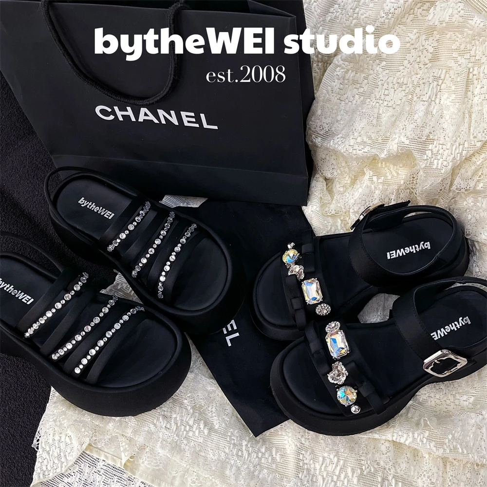 bytheWEI【海洋星钻】超越同款厚底一字带凉鞋冰丝莱卡罗马风水钻女