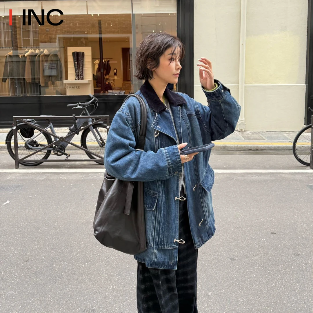 ICEDUST 做旧牛仔派克服女25FW秋冬新款纯色翻领长袖上衣外套IINC