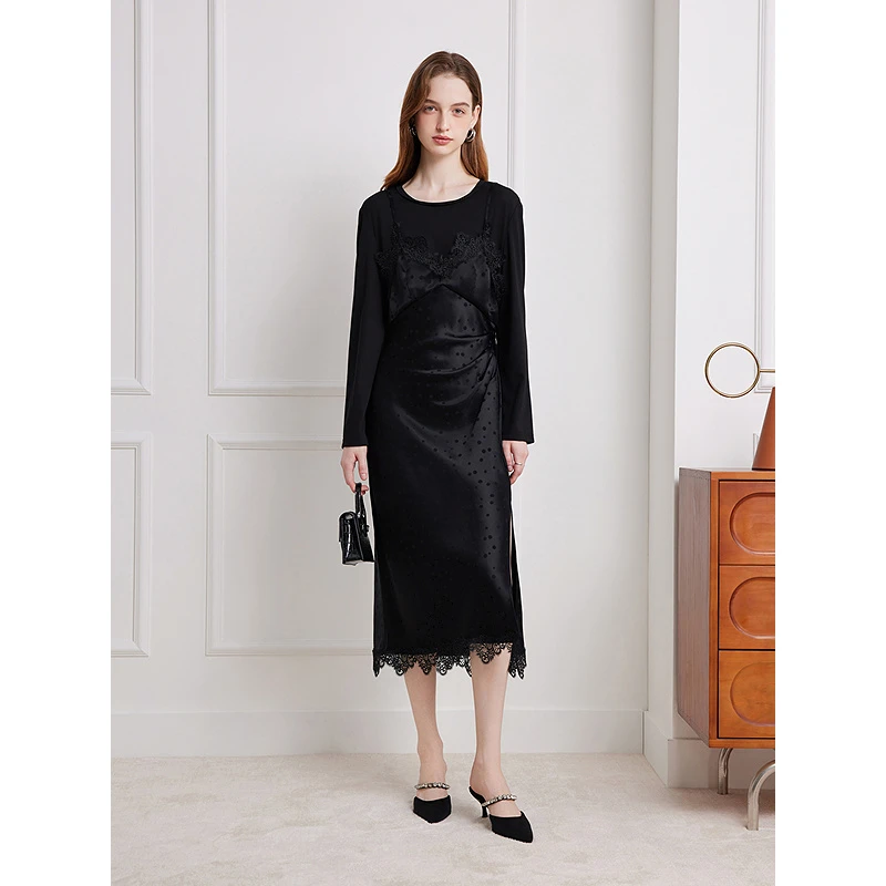 Goodland美地2025秋季假两件醋酸波点提花长袖连衣裙LC35305280