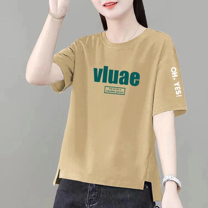 爆夏季简约文艺大码新款短袖显瘦纯衣女宽松通勤复古印花T恤