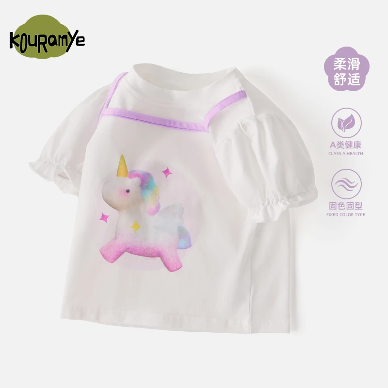 酷娃米2025年夏季新款中小女童独角兽假两件花苞袖上衣20848