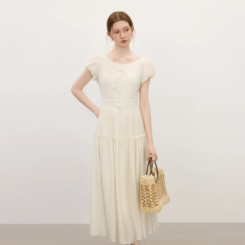 范思蓝恩法式宽松气质款夏新款收腰V领花苞袖连衣裙25FS12660