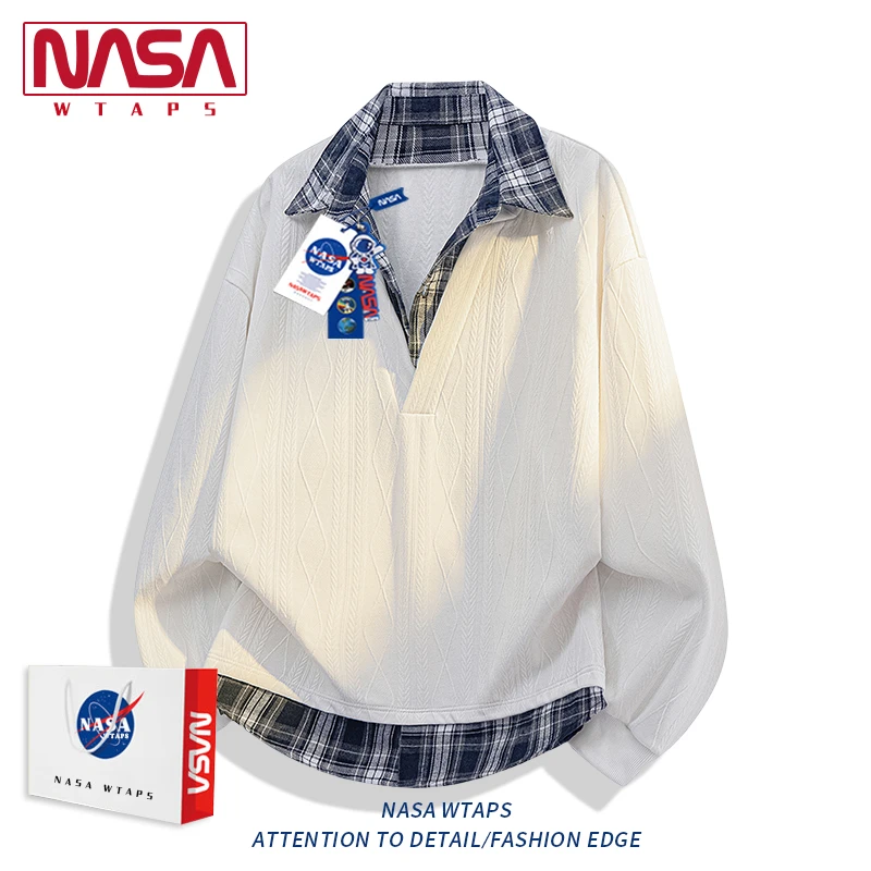 NASA WTAPS美式复古格子假两件卫衣男女设计感拼接下摆宽松POLO衫