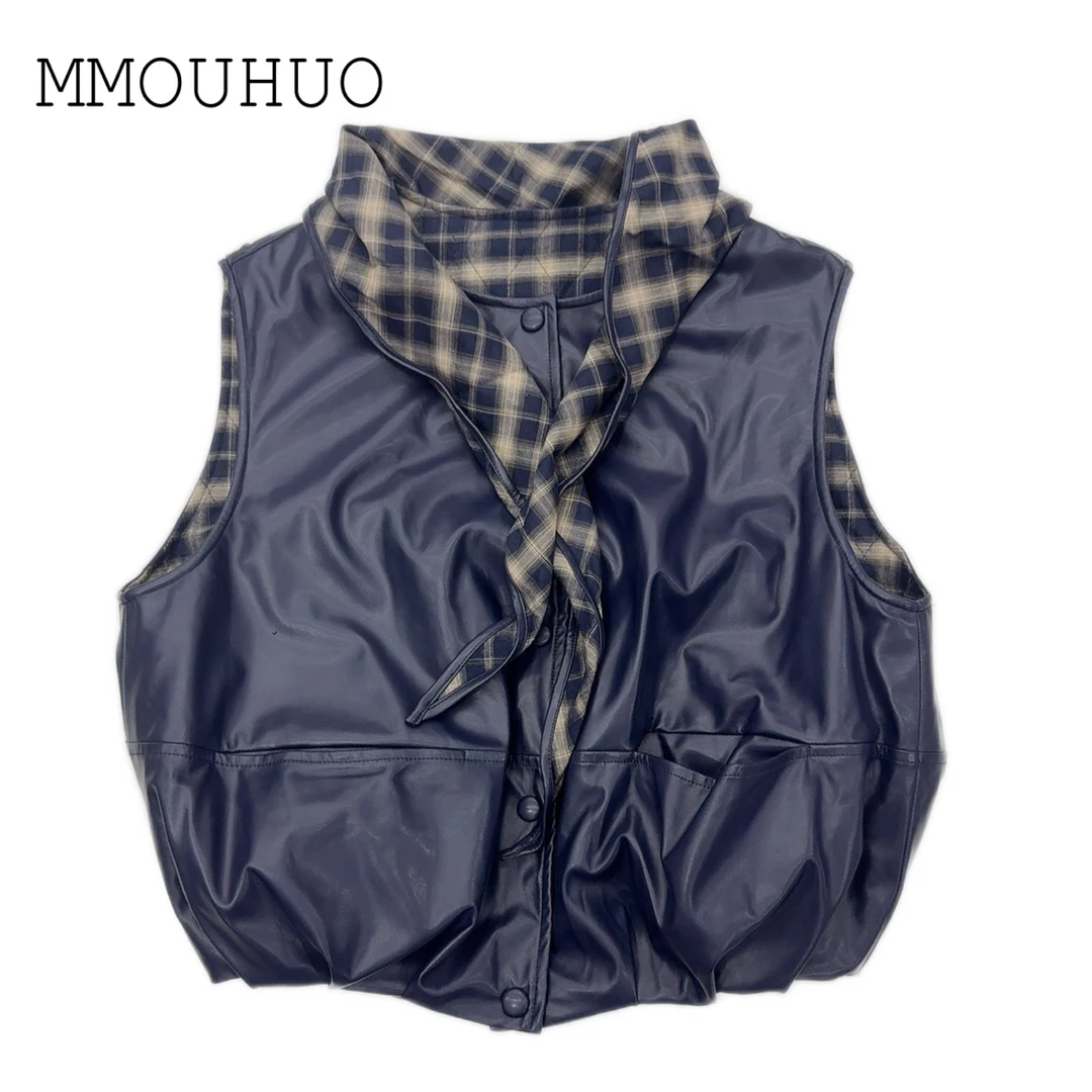 深圳MMOUHUO新款小众设计黑色格纹三角巾PU皮按扣夹棉马甲外套