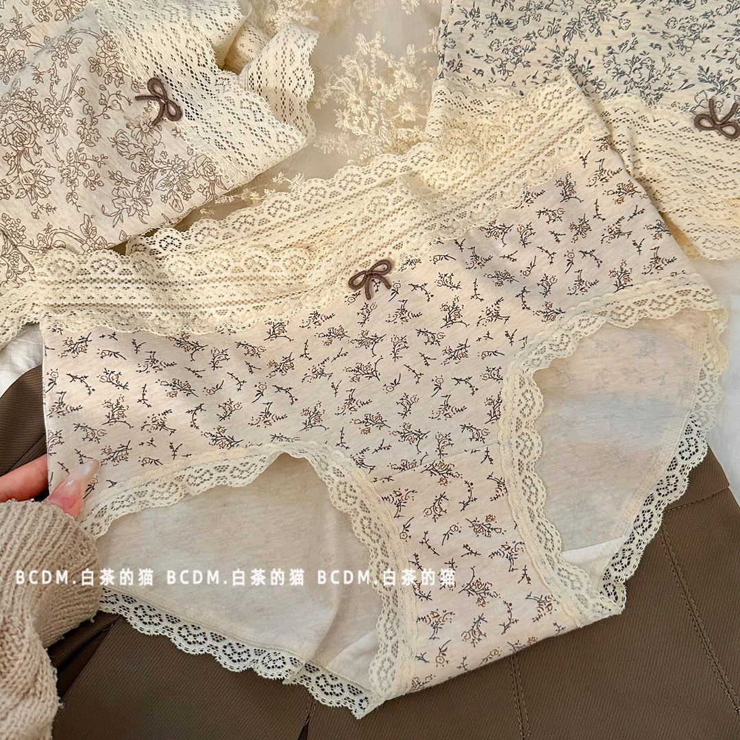 白茶的猫日系田园碎花蕾丝边纯棉内裤蝴蝶结学生舒适透气三角裤女
