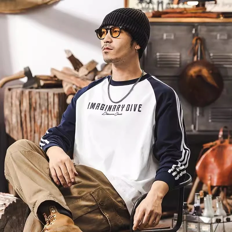 @放牧火星 美式潮牌撞色拼接T恤男春季新款复古宽松休闲圆领卫衣