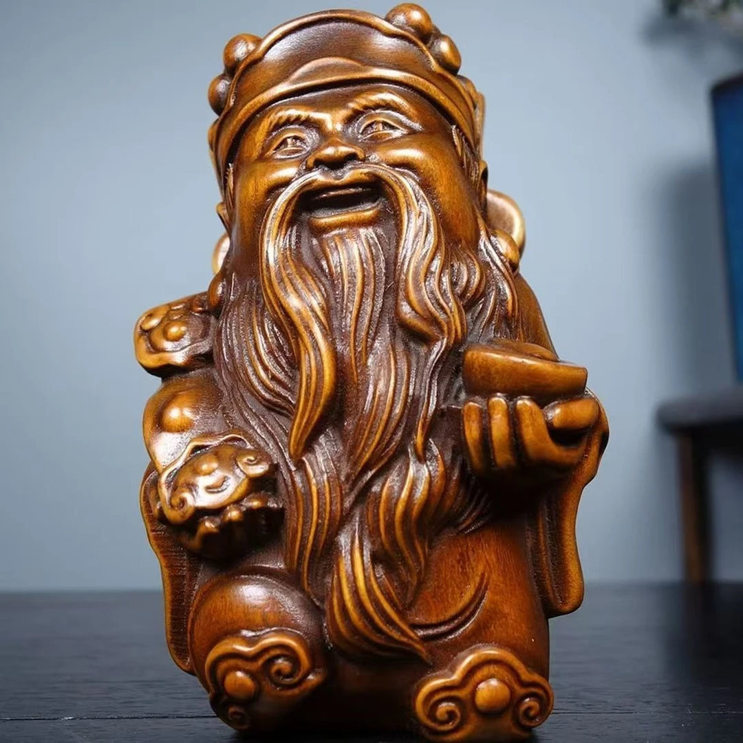 木雕手把摆件财神 手把件摆件旧藏包浆 高度8公分 口径5公分