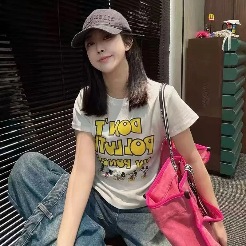 2025夏季新款字母卡通米奇印花短袖t恤女减龄修身显瘦上衣10380