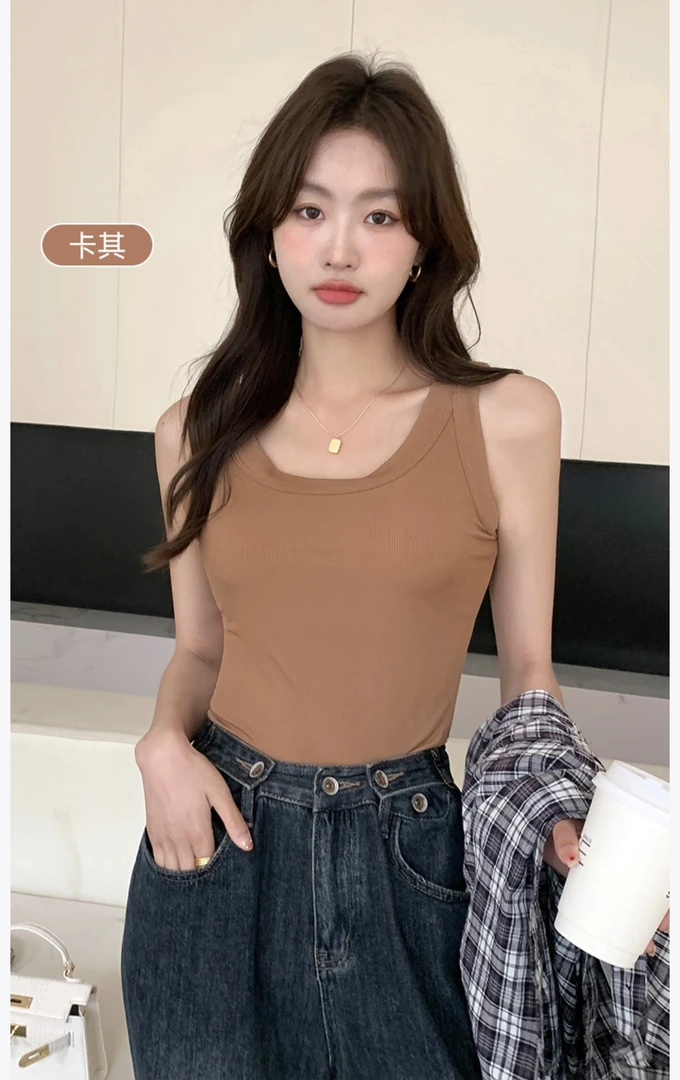 辣妹风弹力修身圆领坑条纯色无袖内搭短背心女夏季