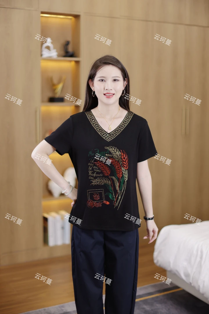 新款短袖T恤时尚减龄百搭显瘦v领休闲洋气棉t通勤小衫遮肚大码