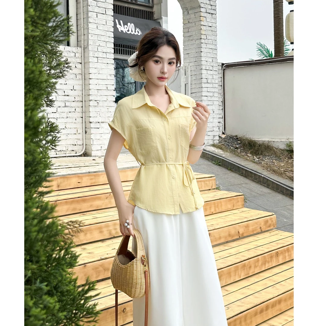 夏季时尚阔腿裤套装气质显瘦衬衫收腰设计百搭两件套洋气女装穿搭