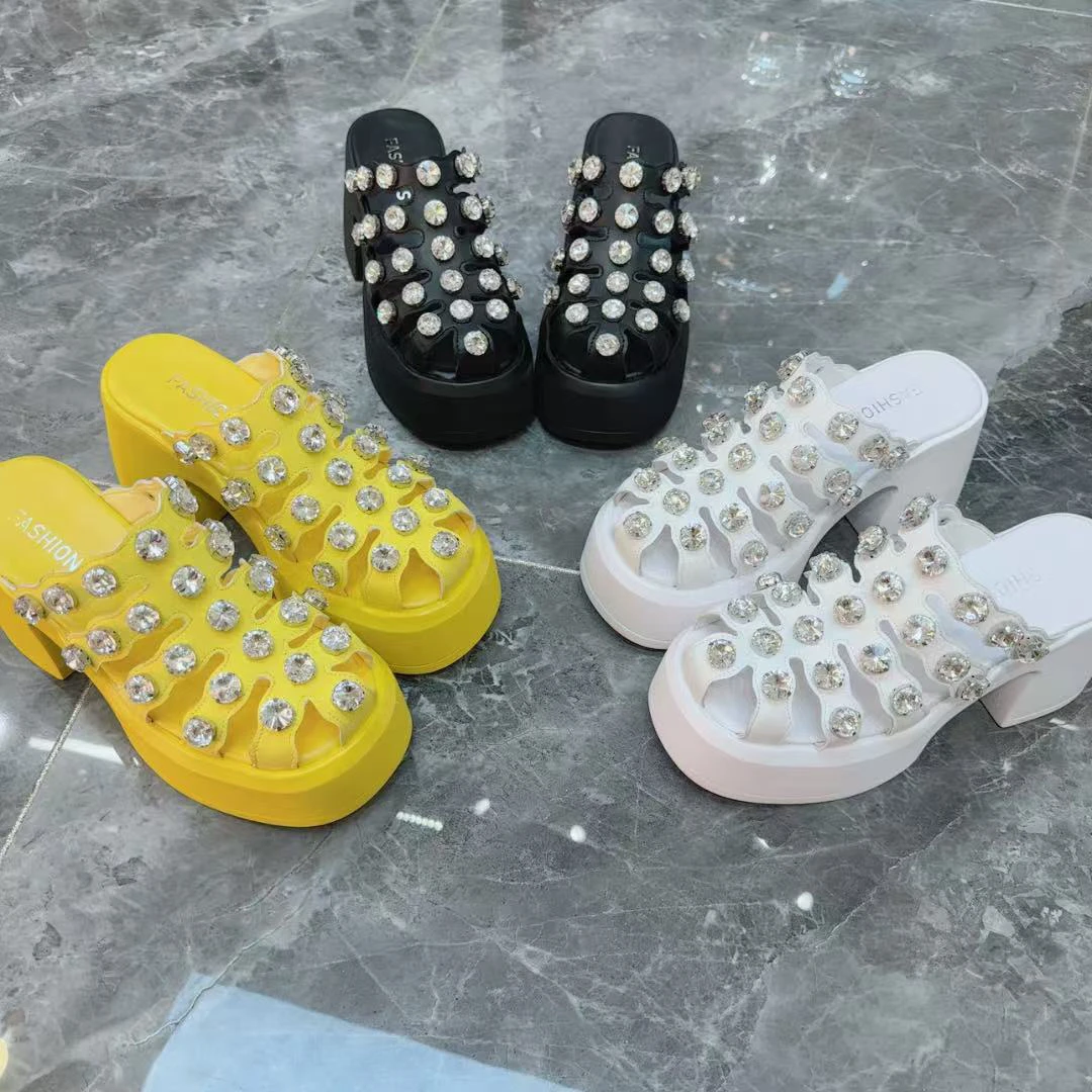 镂空高跟鞋包头半拖鞋满钻拖厚底真皮外穿休闲一脚蹬懒人鞋6021-1