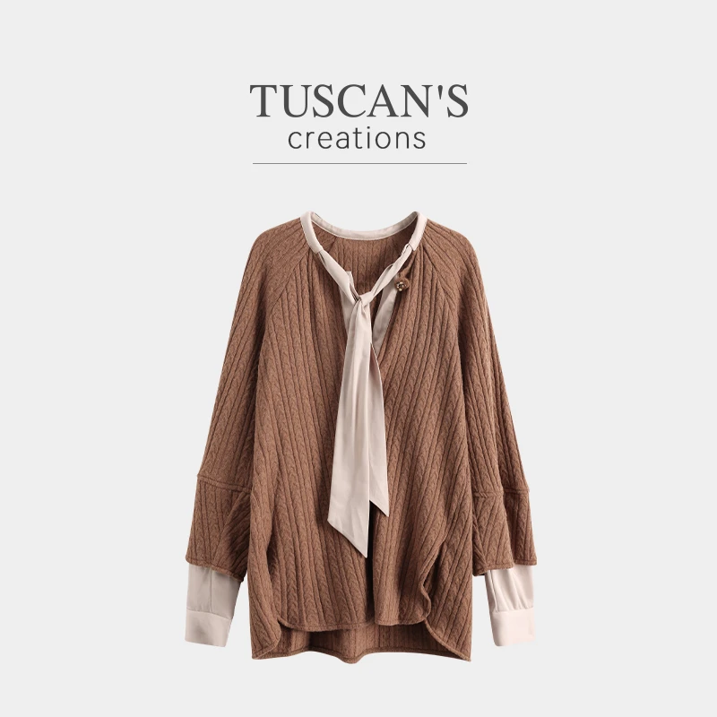 TUSCAN'S CREATIONS长袖上衣宽松圆领毛衣百搭厚款蝴蝶结领假两件