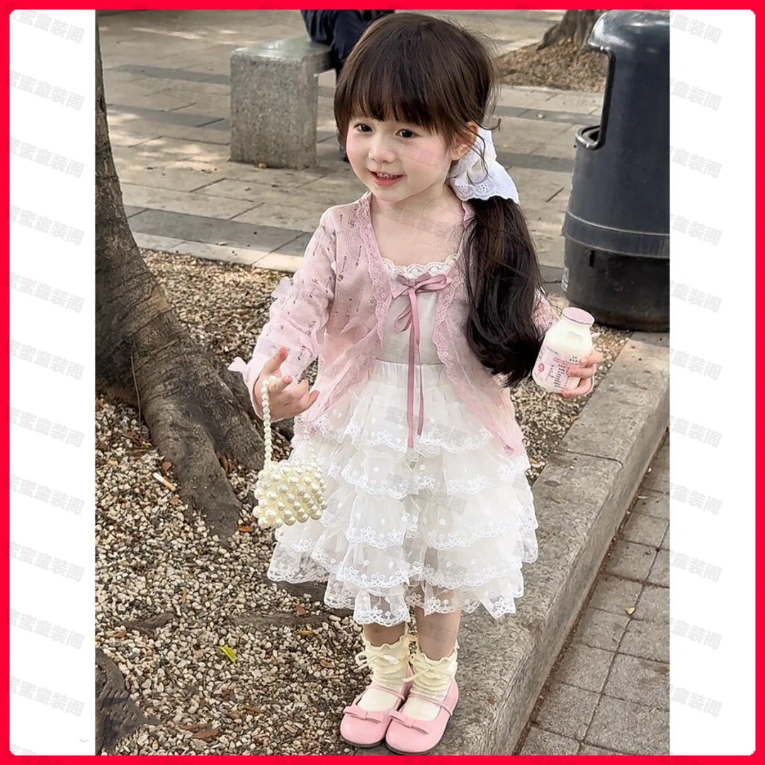 甜系女孩软糯蝴蝶结针织开衫打底新款套装春季女童蕾丝蛋糕裙