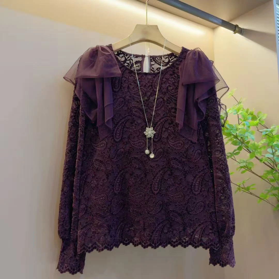 气质欧货时尚圆领优雅百搭植绒微透长袖宽松上衣