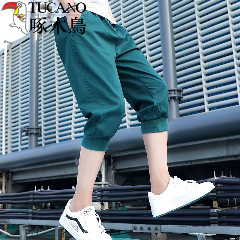 啄木鸟夏季纯棉七分裤男士宽松休闲哈伦裤运动束脚马裤7分短裤子