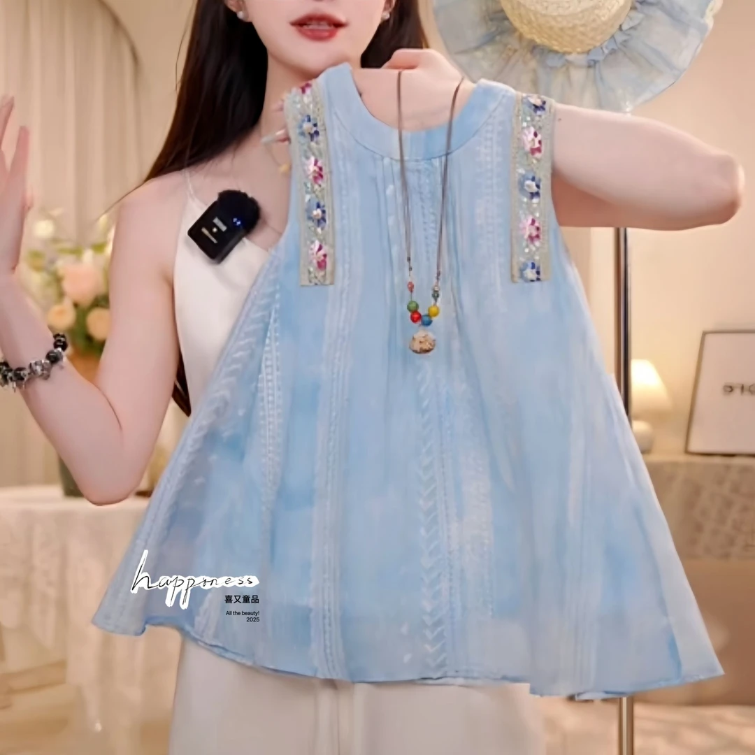 【仲夏蓝甜】夏季女童民族风无袖背心裙女孩刺绣连衣裙 花型不固定