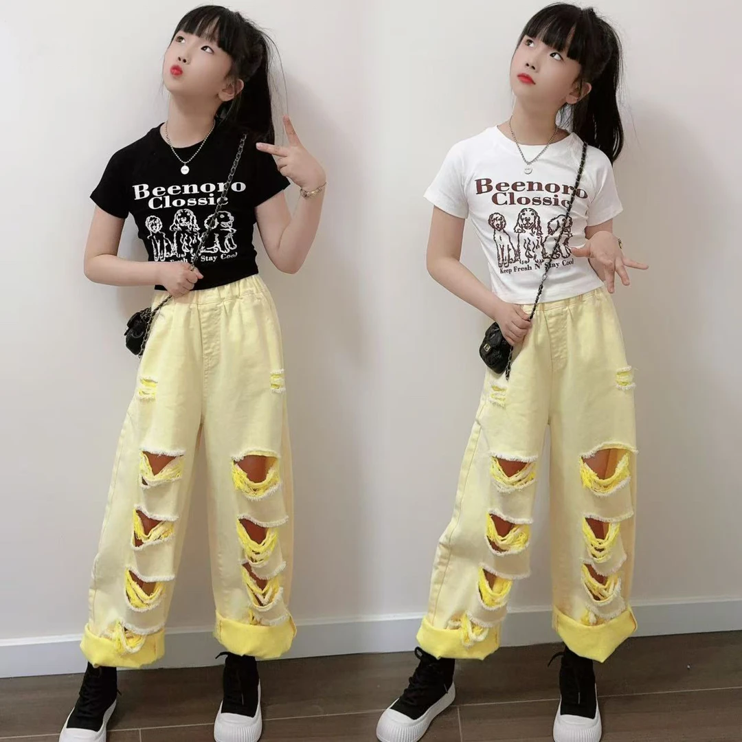 女童牛仔裤夏装2025新款薄女孩中大童破洞裤儿童阔腿印花T恤