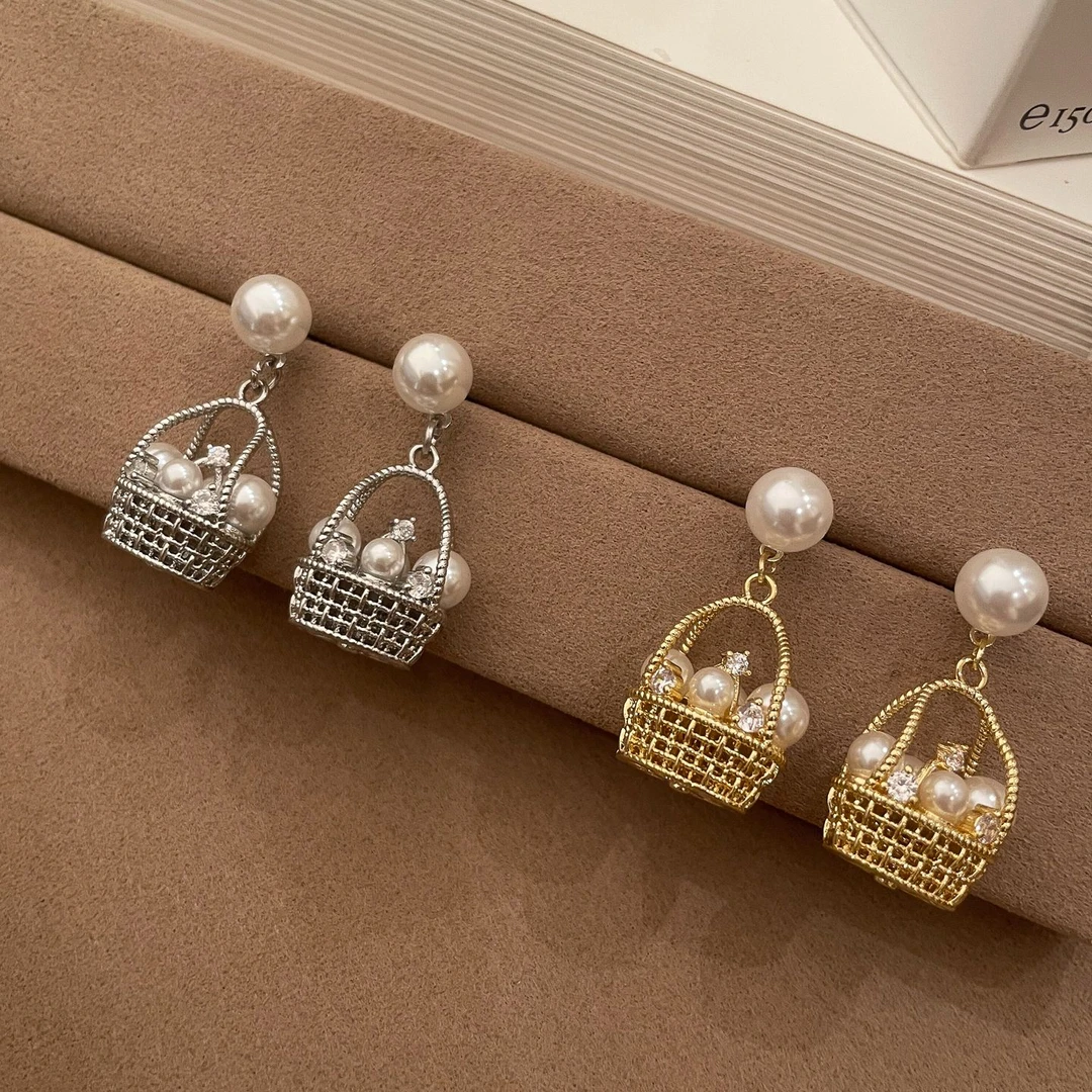 铜合金项链 财”篮子花篮珍珠耳钉高级轻奢小众耳环百搭设计感耳饰