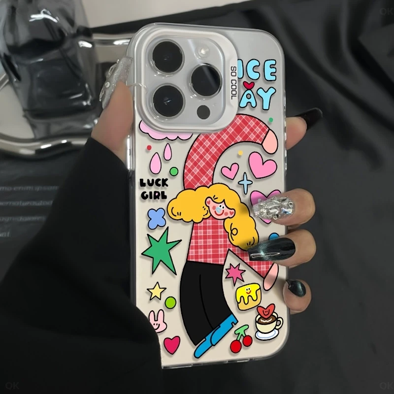 金发格子衣服女孩情侣壳适用iPhone苹果16PROMAX手机壳 /12/15/13