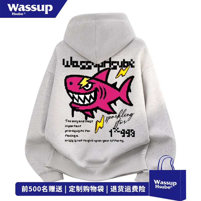 WASSUP HSUBE高街风卡通鲨鱼印花开衫卫衣男秋冬休闲潮牌连帽外套