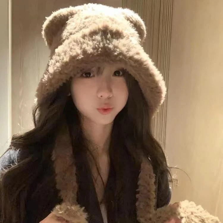 可爱小熊耳朵护耳帽女冬季大头围针织毛绒帽骑车防寒毛茸茸套头帽