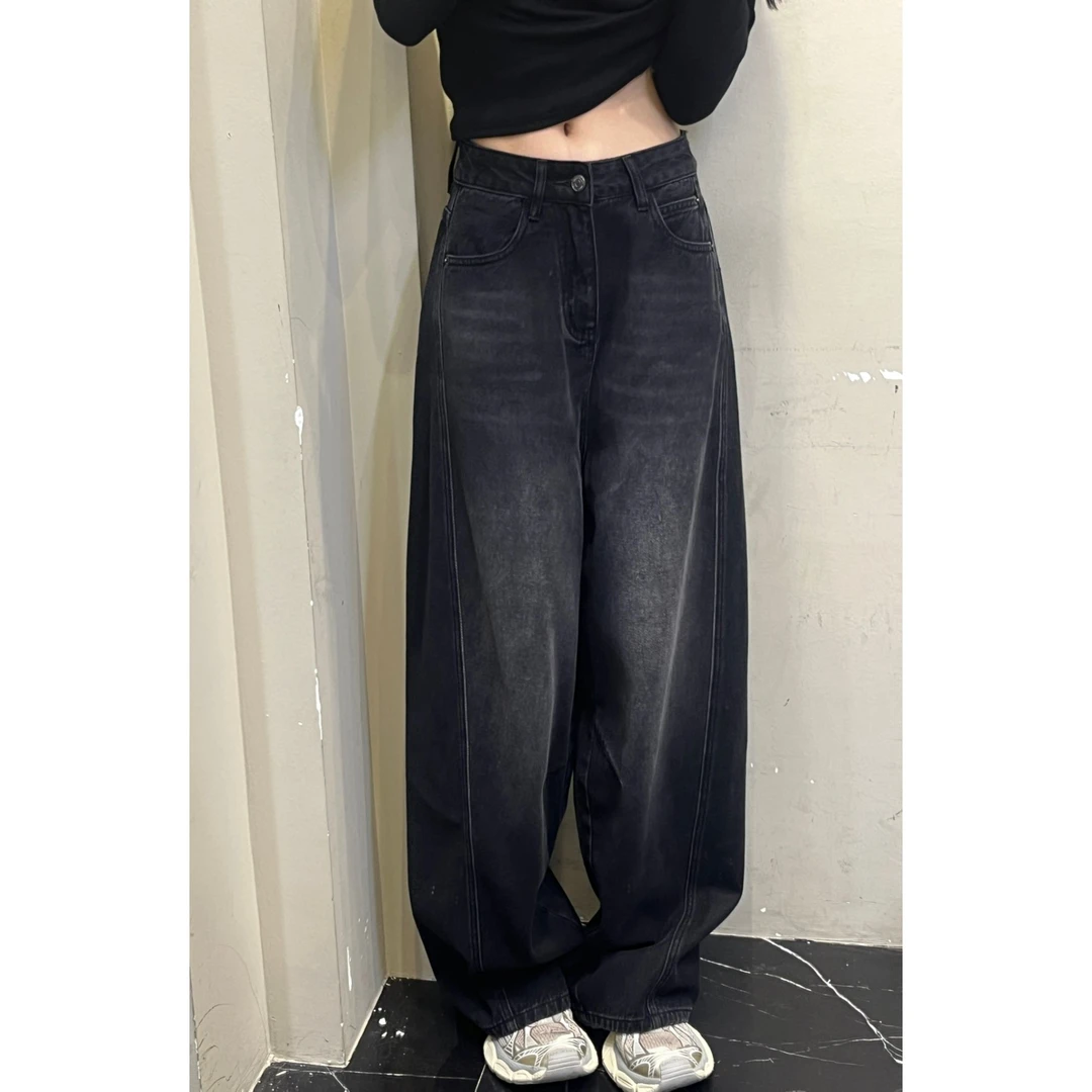 凡Fan【去繁就简】复古街头慵懒风侧边压线水洗磨白抓毛牛仔裤