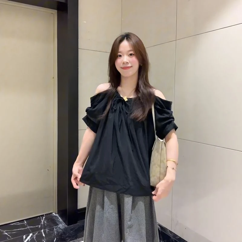 法式别致设计感黑色抽绳露肩吊带上衣女夏季新款小众宽松显瘦短袖