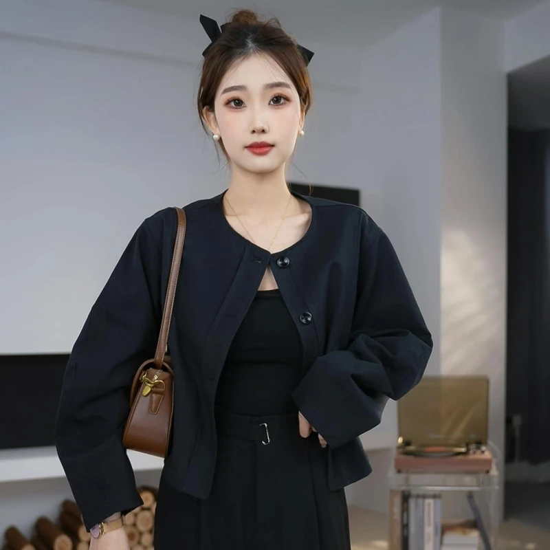 韩系简约圆领休闲夹克外套女春季2025新款短款气质百搭上衣小众