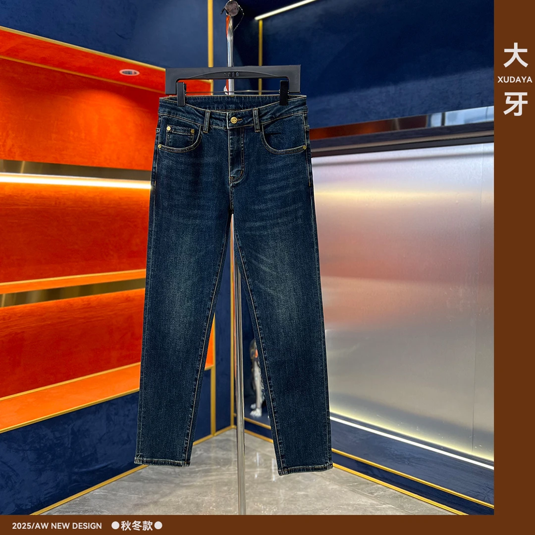 【大牙】219#深兰色牛仔裤秋冬时尚轻奢彩绘印花男弹力小直筒