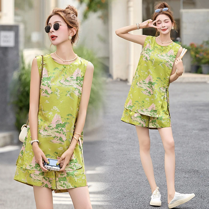 新中式国风提花短裤套装女夏季小个子复古盘扣无袖马甲上衣两件套