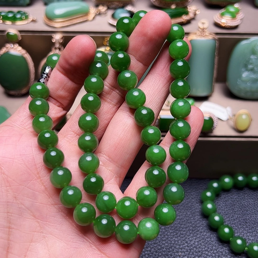 和田玉（碧玉）未镶嵌颈饰碧玉阳绿妈妈链10mm