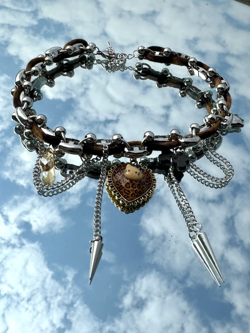 非金属涤纶项链 6NE y2k豹纹猫咪爱心流苏项链金属锁配饰骨链颈联